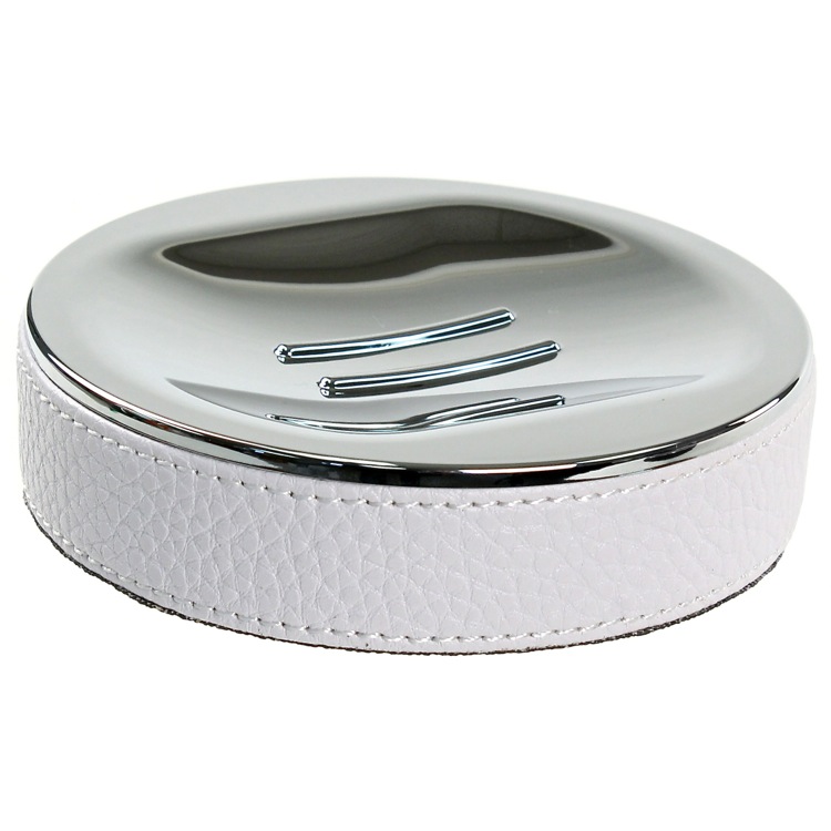 Soap Dish, Gedy AC11-02, Round Soap Dish Made From Faux Leather In White Finish